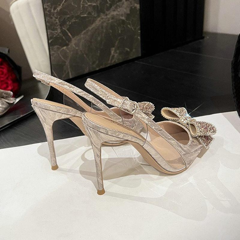 Fashion 2025 New High-Heeled Wedding Shoes Bride Shoes Thin Heel Pointed Toe Sandals Nightclub Rhine-Diamond Shoes Bow