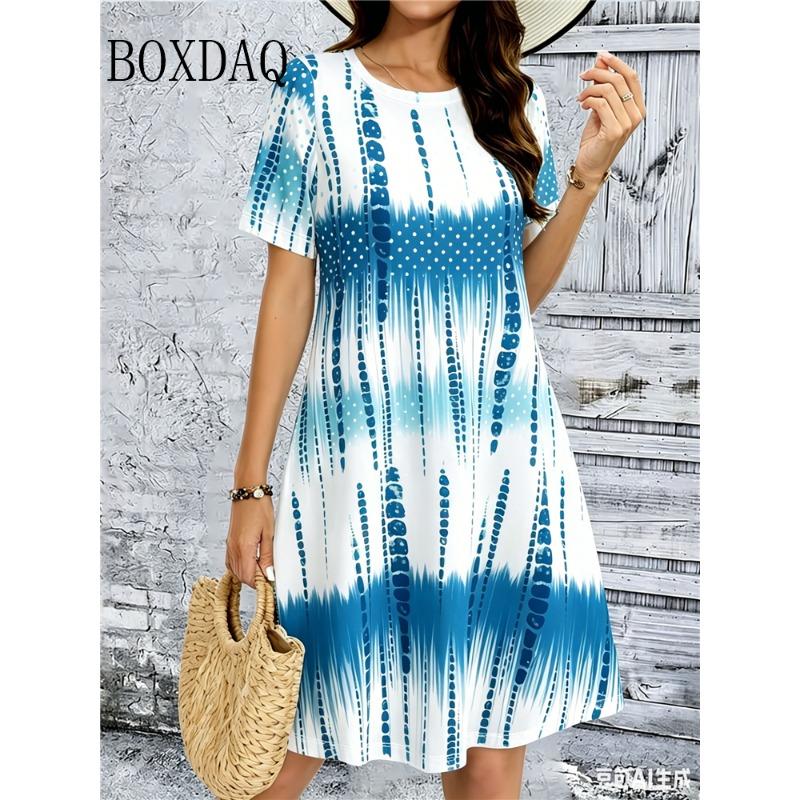 Tie Dye Gradient Striped Printing Dresses For Women Summer Fashion Plus Size Dress Casual Short Sleeve Loose Dress 6XL Clothing