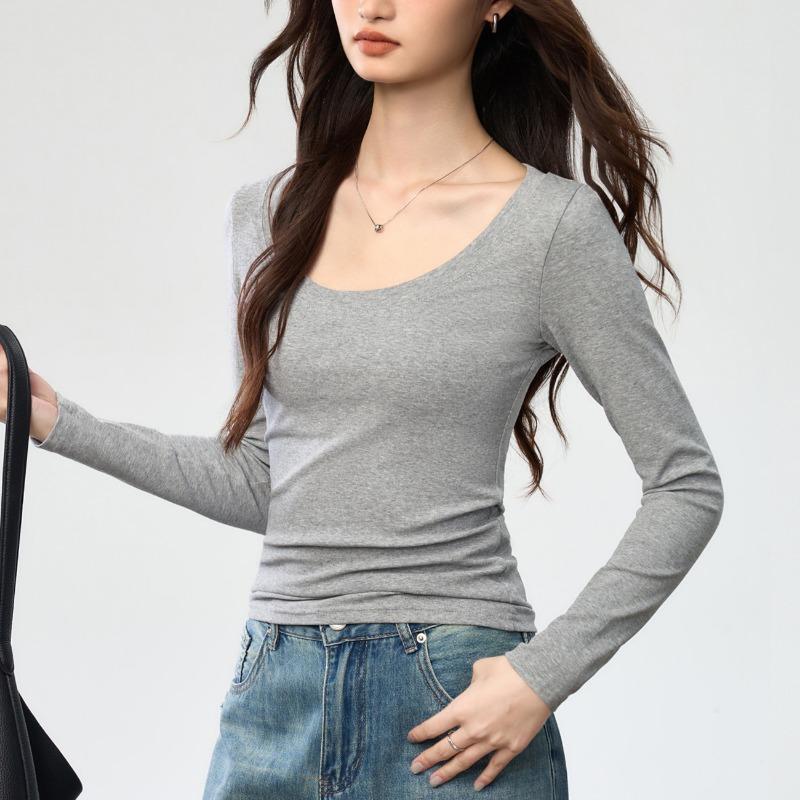 Women S U Neck Long Sleeve Fitted Cotton T Shirt Casual Basic Top