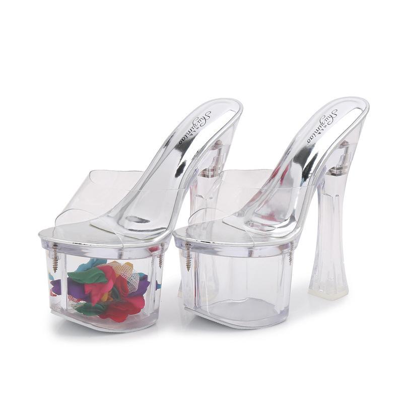 Women's Crystal Wedge Platform Mule Slippers, 17CM Super High Heels, Transparent Thick Anti-Slip ,Sexy Party Shoes Size 34-43