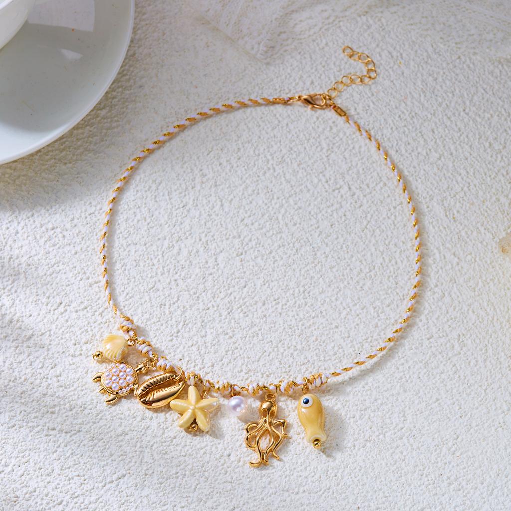 Beach Vacation Starfish Fish Shell Charm Necklace for Women Beige Rope Chain Imitation Pearl Ocean Boho Summer Jewelry Gift
