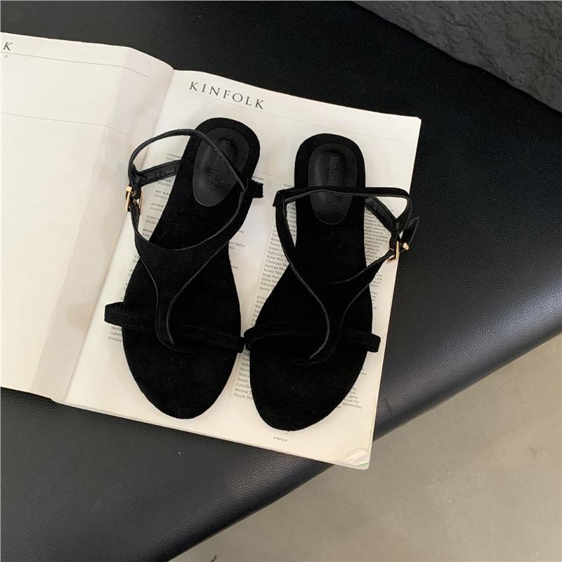 Sheepskin version! Korean version of the design sense flat sandals women's word with retro toe Roman sandals casual beach shoes