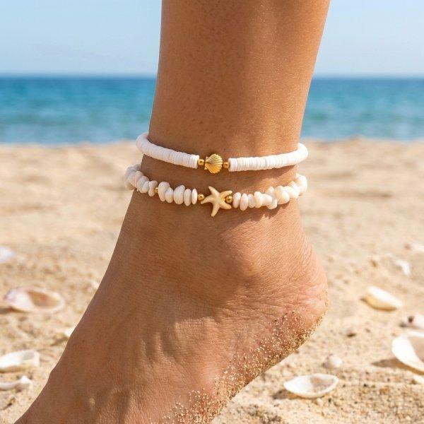 Summer Multilayer Stacked Rice Bead Ankle Chains For Women Boho Starfish Shell Conch Foot Chain Daily Beach Party Foot Jewelry