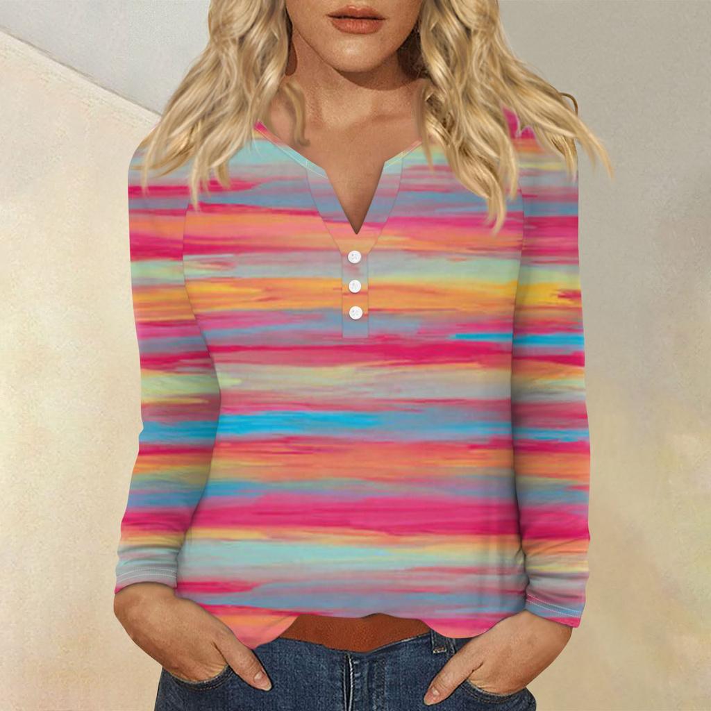 Women's Fashion Casual Printed V-neck Long Sleeve Button Up T-shirt Top