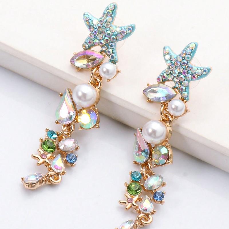 Juran 1pair Starfish Shaped Pearl & Rhinestone Earrings for Women Beach Jewellery