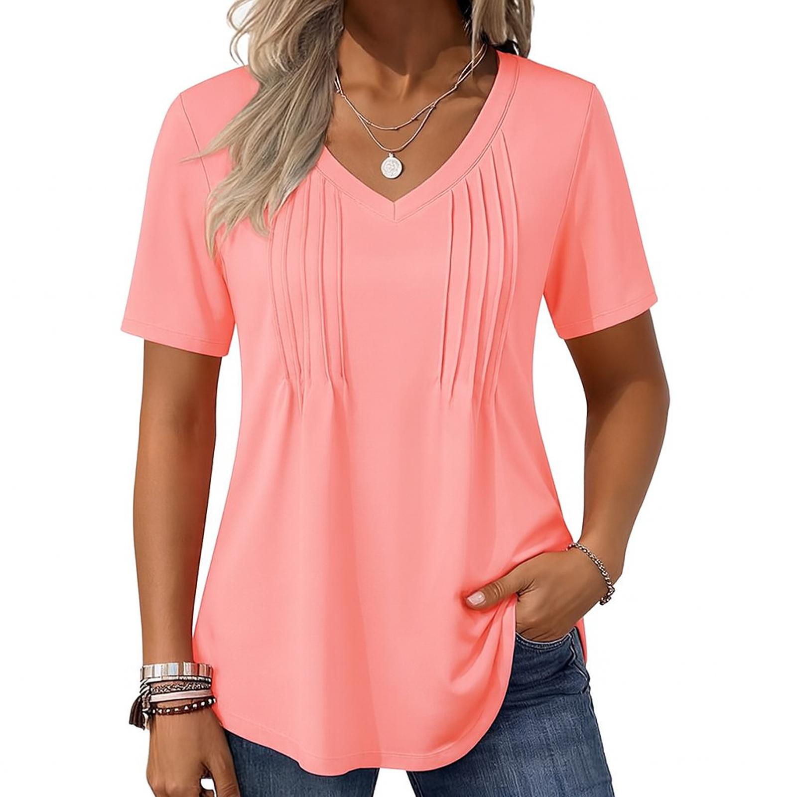 

Women s Fashion Casual Solid Color V-neck T-shirt Top S рожевий