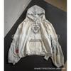Mens Oversized Hoodie With Distressed Graphic Print Layered Look Drawstring Hood Cotton Blend Fall Streetwear