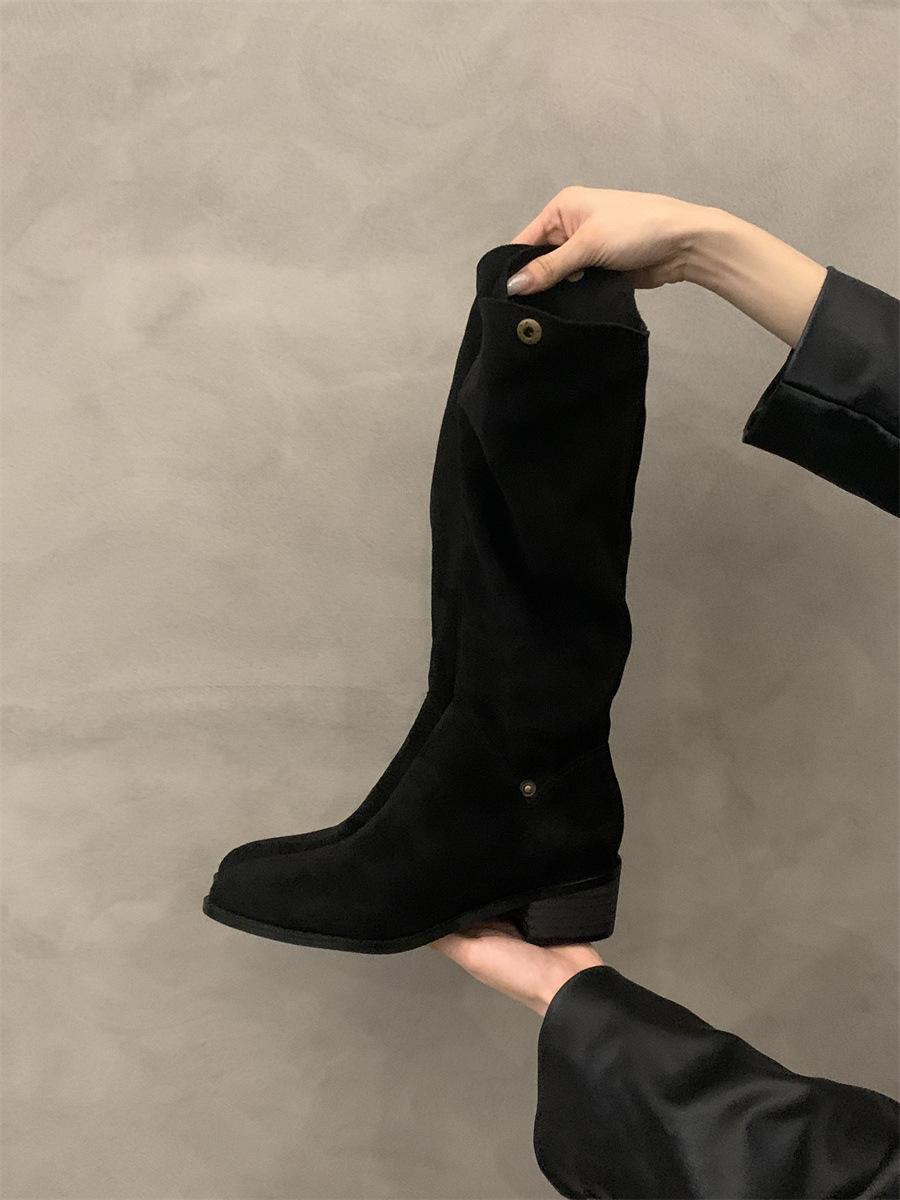 

Сапоги цвета хаки на грубом каблуке, средние сапоги, женская обувь 2025 года, новые весенние, осенние и зимние замшевые тонкие длинные сапоги 42