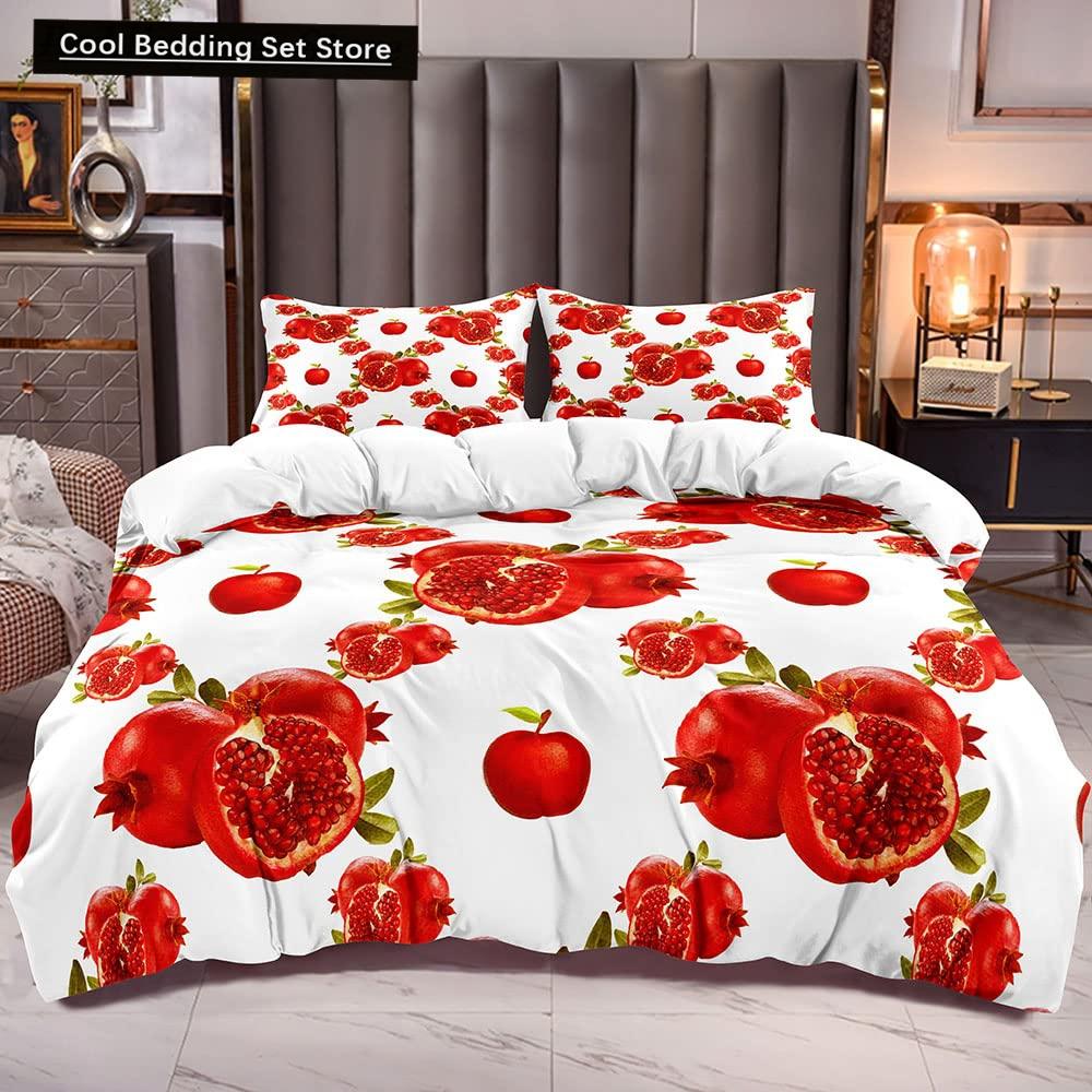 Red Pomegranate King Queen Duvet Cover Summer Tropical Fruit Bedding Set for Adults Green Leaves 2/3pcs Polyester Quilt Cover