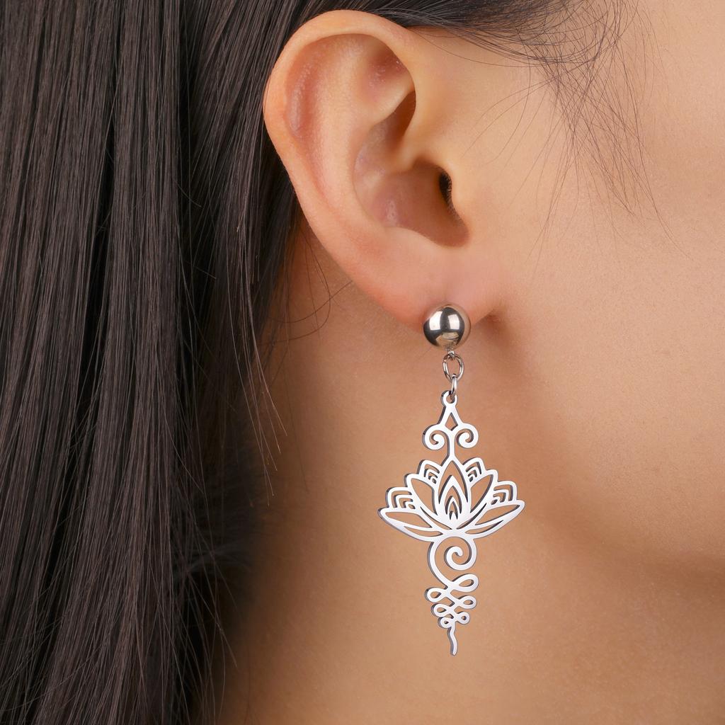 LIKGREAT Unalome Lotus Flower Stud Earrings for Women Stainless Steel Jewelry Yoga Spirit Healing Valentine's Day Gifts
