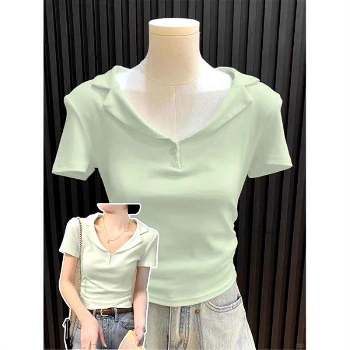 Cotton Ribbed V-neck POLO Shirt Short-sleeved T-shirt Women's Summer Slim Fit with Short Pleated Waist Half-sleeved Top Tide