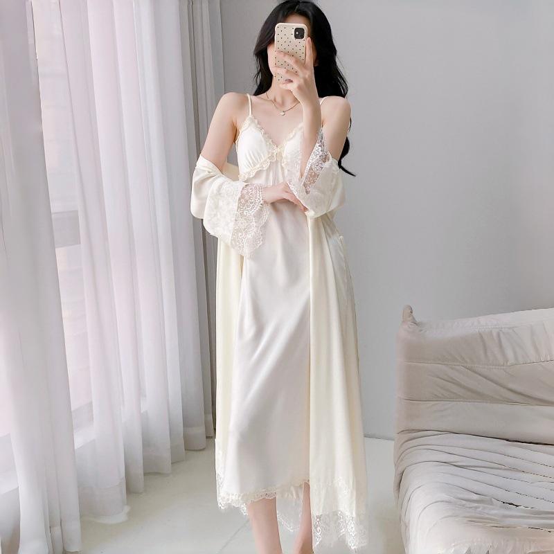 Vestaglia con Spalline Sottili in Seta di Ghiaccio - Sexy Accappatoio da Sposa per Primavera/Estate