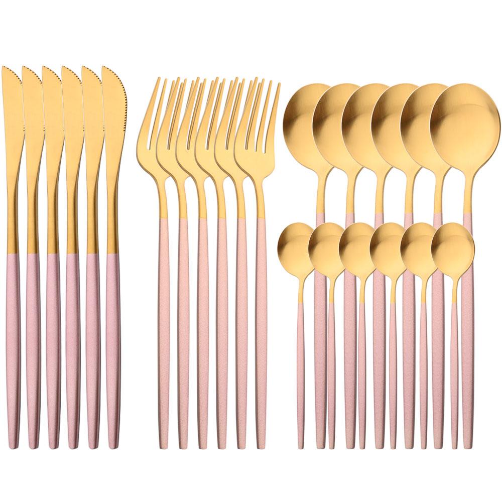 White Gold 24Pcs Cutlery Set Matte Dinnerware Western Flatware Knife Fork Spoons Stainless Steel Silverware Kitchen Tableware Set