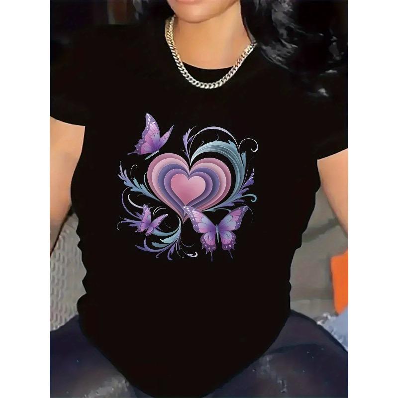 

Short-Sleeved T-Shirt Featuring a Heart And Butterfly Motif, Perfect for Home Use. Made from Durable And Comfy Material, S чёрный