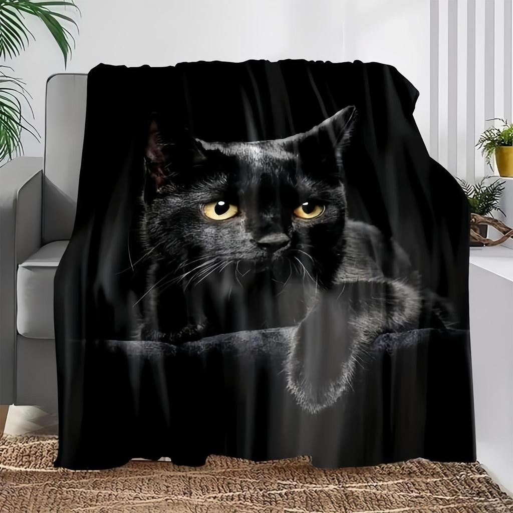 Black Cat Throw Blanket Modern Black Decorative Big Eyes Black Cat Fleece Blanket Soft Warm Cozy for Kids Adult
