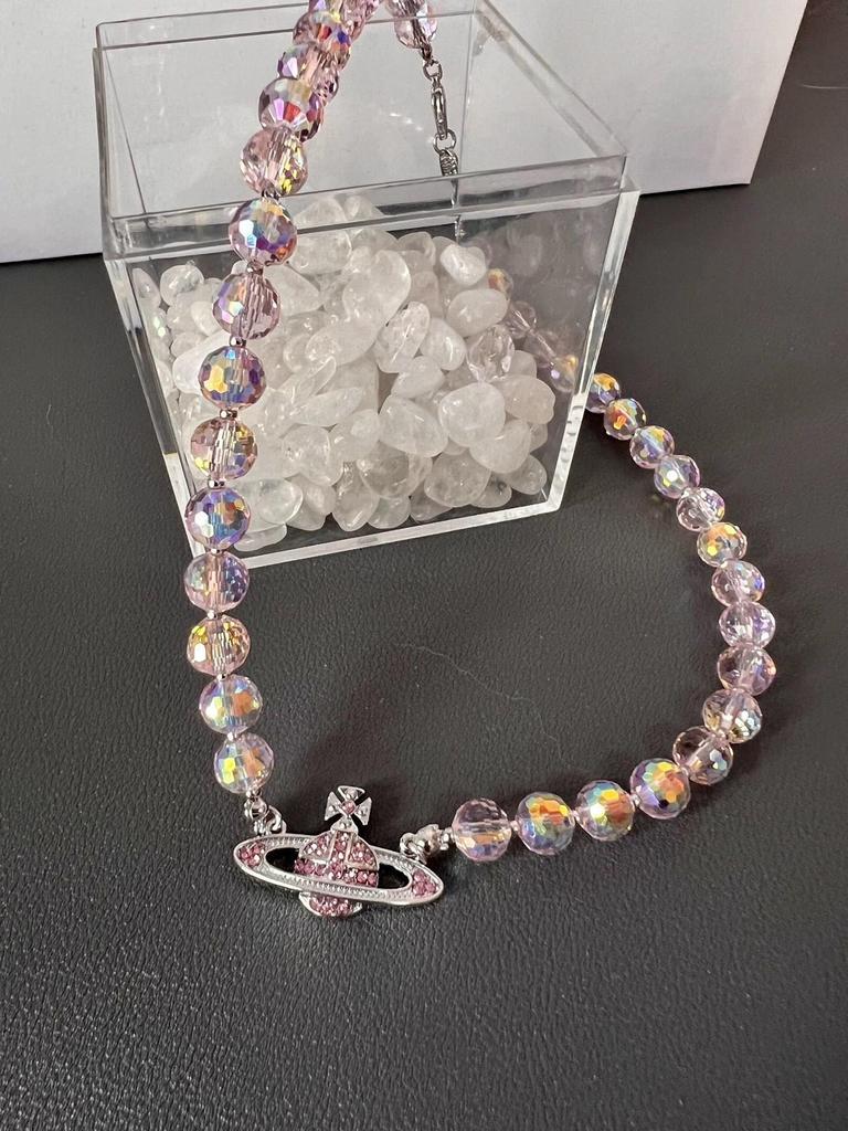 Premium Natural Crystal Bead Necklace & Custom Pink Diamond Bracelet for Women