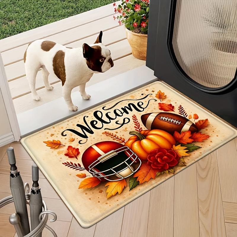 Thanksgiving Football Pumpkin Doormat, Autumn Leaves Design Non-Slip Rug, Medium Pile Polyester Mat for Seasonal Home Decor