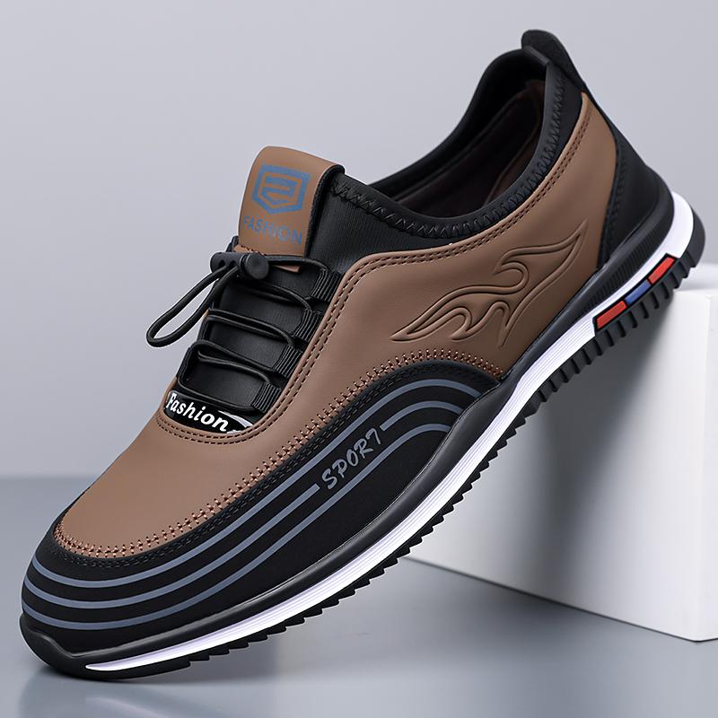 BrownEmbossedLeatherSliponSportShoesMenBlack Striped Patchwork Elastic Lace Cushion Sole Non Slip Outdoor Street Office Trainers
