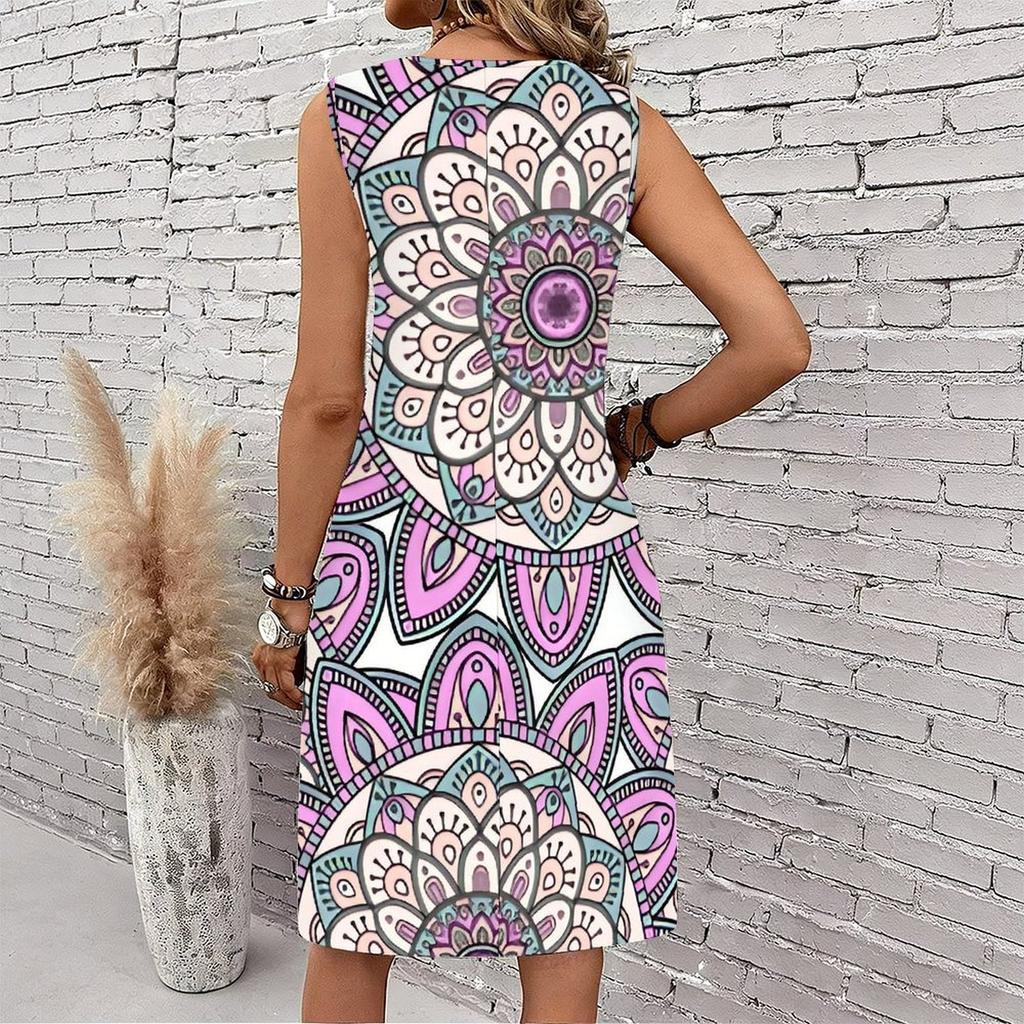 Plus Size V Neck Sleeveless Deep Mountain Bamboo Forest Stream Print For Summer Zen Outfit