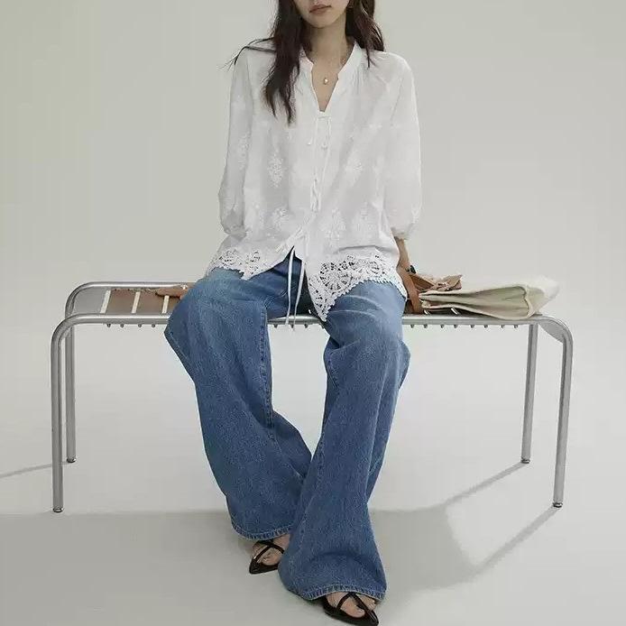 Embroidered lace edge cotton white shirt women's summer high-end niche versatile shirt
