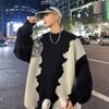 Men's Oversized Crew Neck Knit Sweater Black White Irregular Pattern Loose Fit Casual Streetwear Pullover