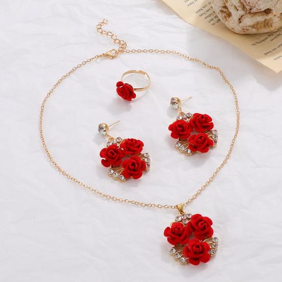 1 Ensemble Bijoux de Mariage Rose Rouge Mariées Demoiselles d'Honneur Vintage Collier Boucles d'Oreilles Ensemble Bague Ouverte Ensemble Bijoux Strass Rose Cadeau pour la Saint-Valentin