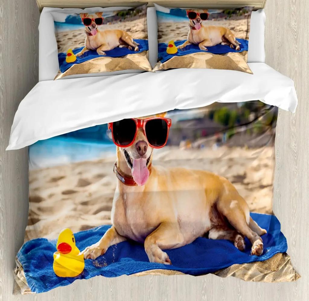 Cute Chihuahua Dog Duvet Cover Set,Girl Chihuahua Fashion Glasses Ribbons Puppy,Bedding Sets Twin Single King Size,Pale Pink