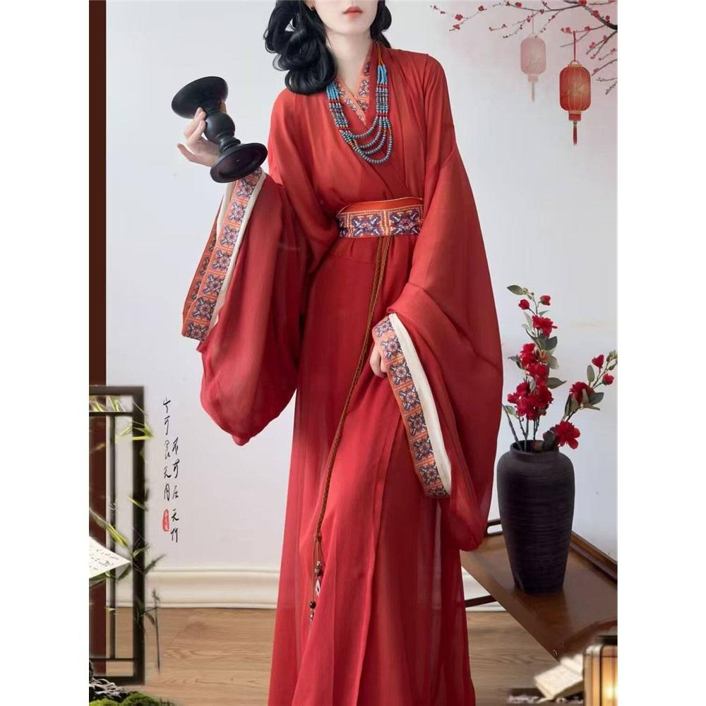Original restauriertes Hanfu-Set für Frauen aus der Zeit der Streitenden Reiche, Zhiju, Kreuzkragen, weite Ärmel, locker, gerader Saum, Robe, traditionelles chinesisches Kostüm