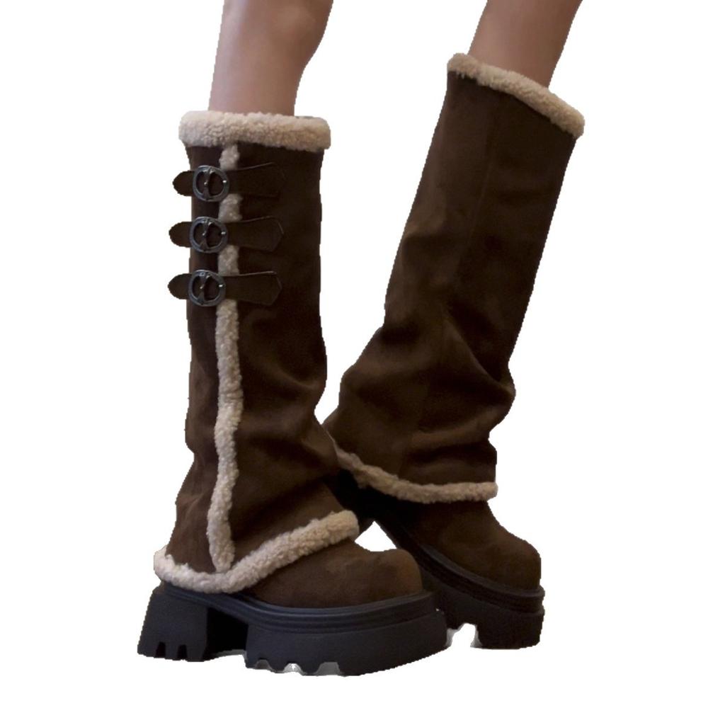 10Cm ultra-thick-soled trouser boots women's winter small height-increasing Merad hairy button boots