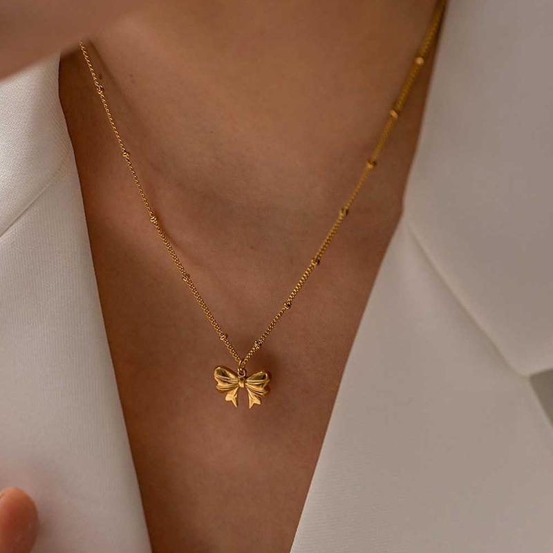 Bow Necklace Wholesale European and American Jewelry Simple Fashion Pendant Women's Alloy Diamond Neck Chain Sweater Chain