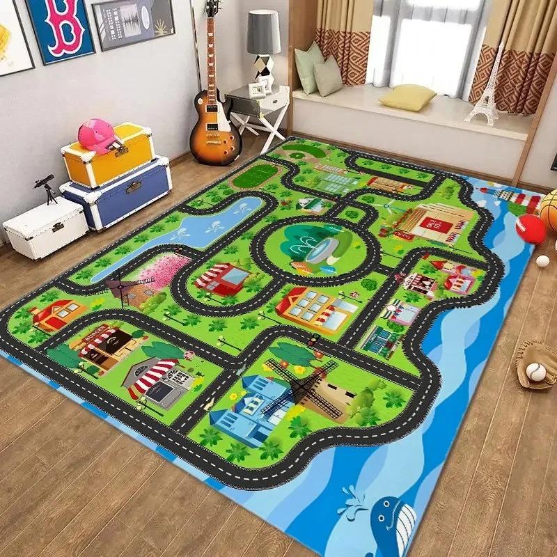 Kids Road Map Play Rug with Whale Town Scene Educational Playmat for Children's Bedroom Playroom Decor
