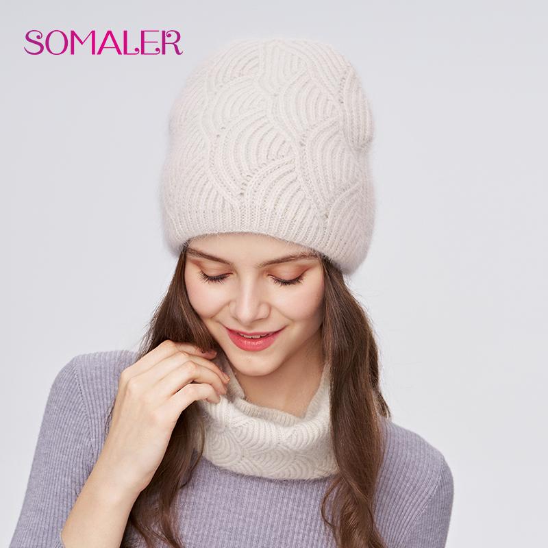 SOMALER Women's Winter Warm Fluffy Angora Hat Scarf Set Warm Angora Wool Knit Beanie  Neck Warmer 2 in 1 Gift Set