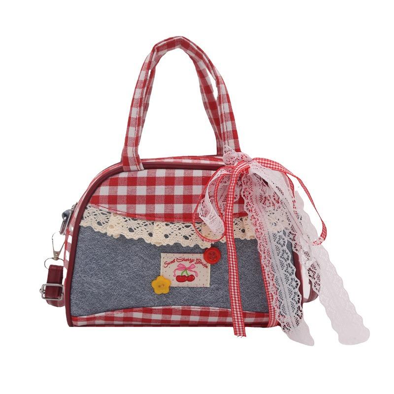 Red Plaid Bag Women's New Trendy Fashion College Style Handbag Fresh and Cute Lace Shoulder Messenger Bag