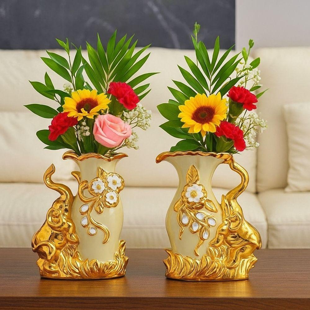 European Style Elephant Vase Modern Flower Container Flower Holder Ceramic Gold Vase  Dining Table