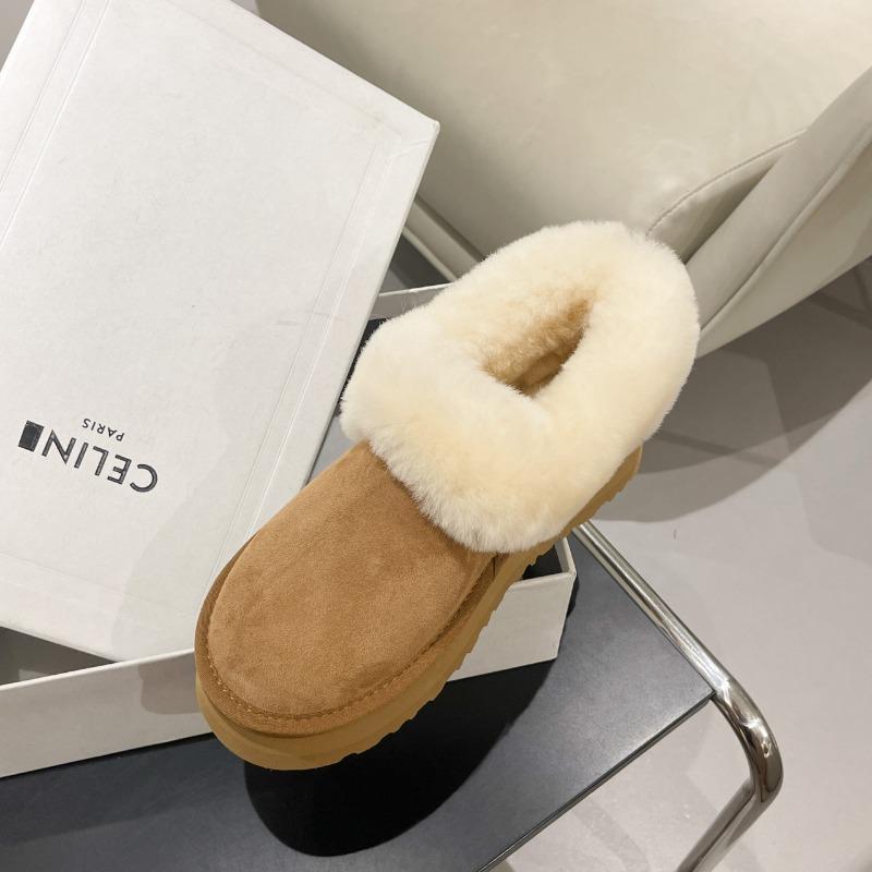 Pelzige Schneestiefel für Damen Winter Dicke Sohle Runde Zehenpartie Kurzer Schaft Ein Fußstampfende Brotschuhe mit Plüsch-Baumwollschuhen