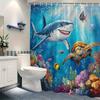 1Pc Underwater Shark & Sea Turtle Shower Curtain - Vibrant Coral Reef With Tropical Fish, Dynamic Marine Life Design, Durable Po