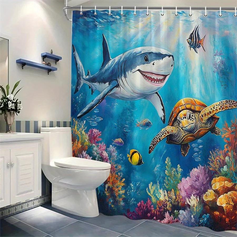 1Pc Underwater Shark & Sea Turtle Shower Curtain - Vibrant Coral Reef With Tropical Fish, Dynamic Marine Life Design, Durable Po