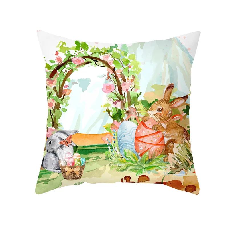 Home Decor Easter Pillowcase Flowers Rabbit Egg Print Pillowcase Sofa Cushion Cover Bedroom Room Decor 45x45 Cm
