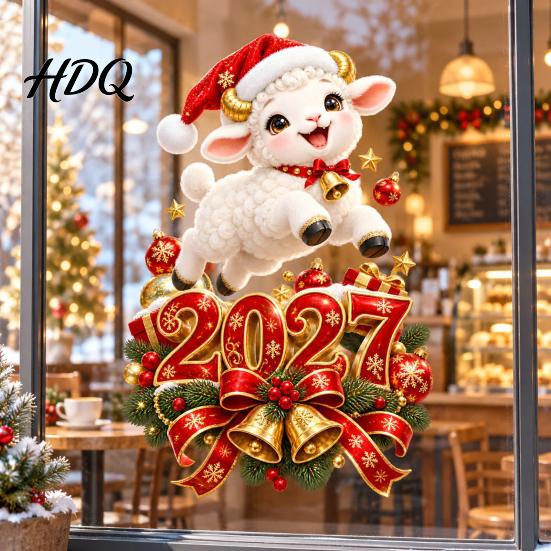 Christmas Lamb Window Art 2027 New Year Clings Cartoon Sheep Static Glass Stickers Door Festive Ornaments of Goat Decal for Holiday Home Office