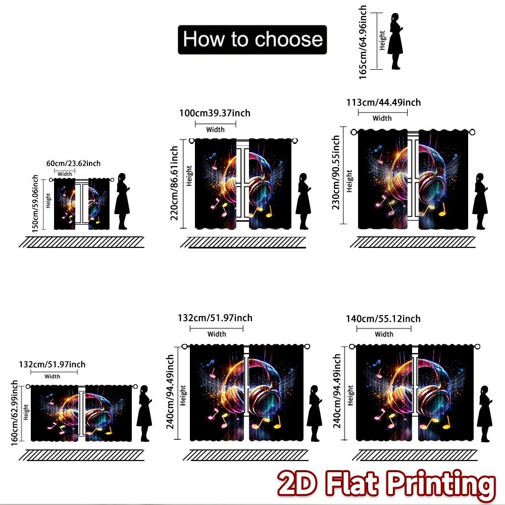 Stampa piana 2D 2 pezzi Tenda Tenda Colorate Cuffie Musicali Stampate Digitalmente Poliestere Tende Decorazione Murale Festiva per