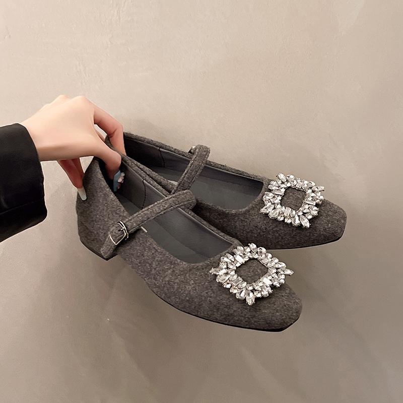 Fashion Flat Retro Square Toe Mary Jane Shoes Women's Outside Wear 2025 Spring New Rhinestone Square Button Single Shoes