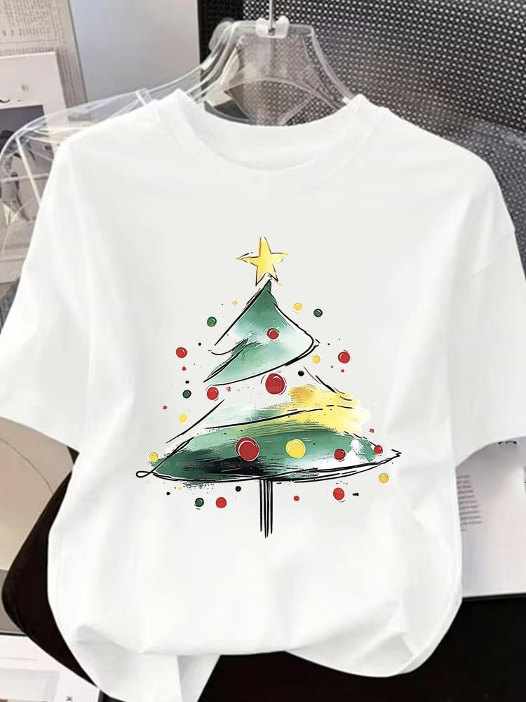 (Asian Size) Letter Tree 90s Short Sleeve T-shirts Women's Top O-neck T Shirt Print Merry Christmas Fashion Casual New Year Clothing Graphic Tee