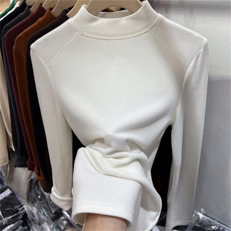 Solid Color Winter New German Velvet Polished Semi-turtleneck Bottoming Shirt Women's Slim Body with Long-sleeved T-shirt Top
