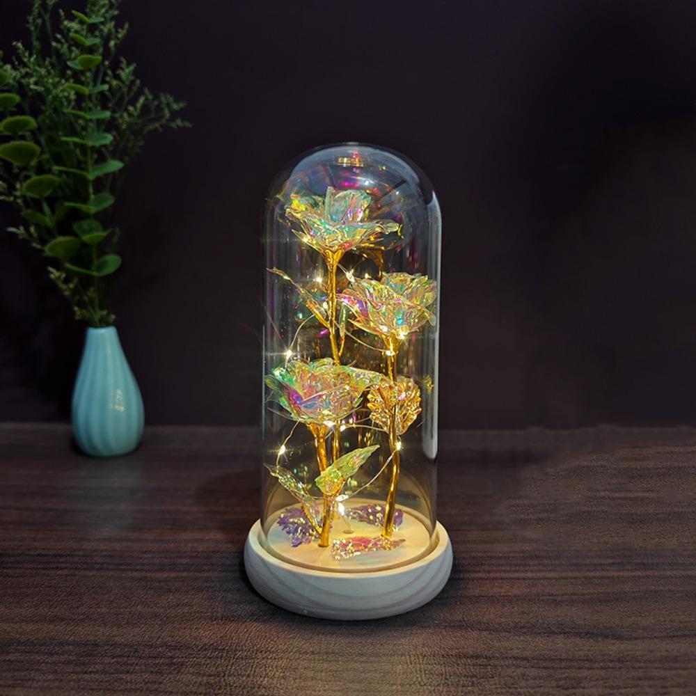 Romantic Artificial Rose Light with Acrylic Cover 3 Heads Rose Light Up Rose Simulation Luminous Eternal Rose Lamp Mothers Day