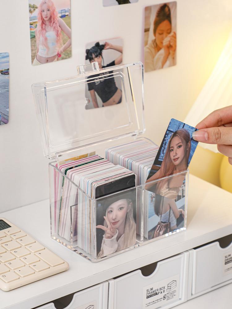 Clear Acrylic Small Card Storage Box - 2-Compartment Flip Top Display Card Case for K-Pop Photocards Anime Collectibles