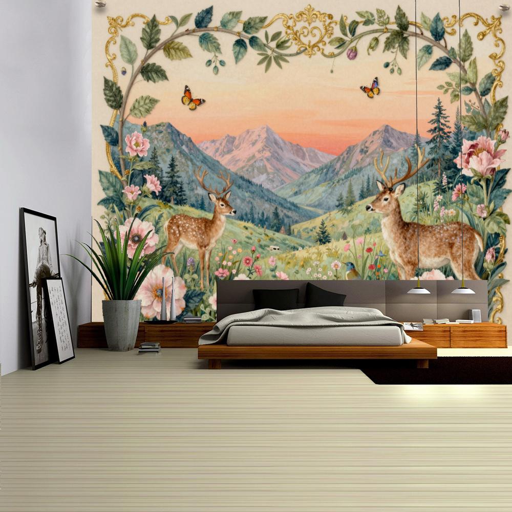 1pc Pastoral Style Floral Deer Landscape Natural Fresh Style Printed Tapestry Wall Hanging, Easy Artistic Bohemian Style Living Room Bedroom Home Deco