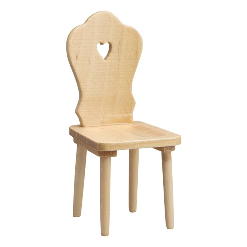 Natural Wood Miniature Doll Chair With Heart Shape Backrest Perfect For 1:12 Scale Doll House Landscape Accessories