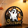 Decorative Wood Craft for Shop Halloween Ghost Pumpkin Round Wooden Welcome Door Hanger, Wall Plaque Spooky Party Favors with Rope, Hanging