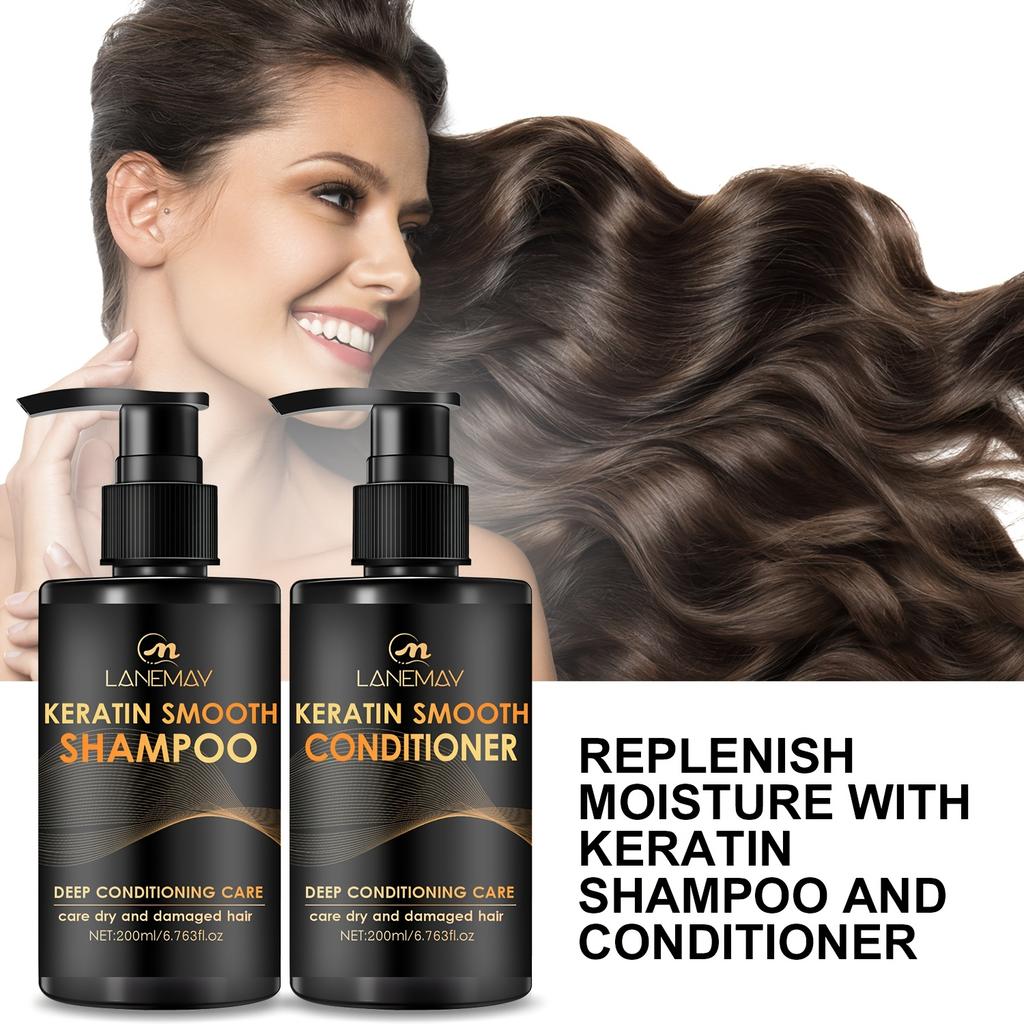 2pcs Keratin Smooth Shampoo and Conditioner Set - Moisturizes Hair & Scalp, Strengthens Hair, Prevents Breakage & Split Ends Deep Repair Shampoo Set