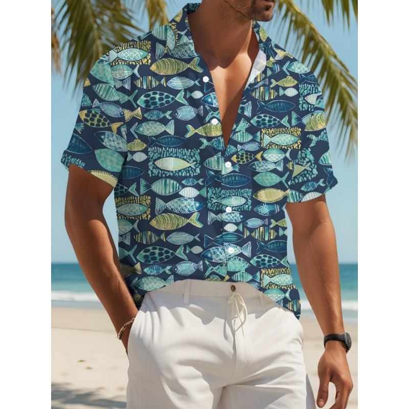 Herren Strandstil kurzärmeliges Design-Oberteil mit bunten Fischprints